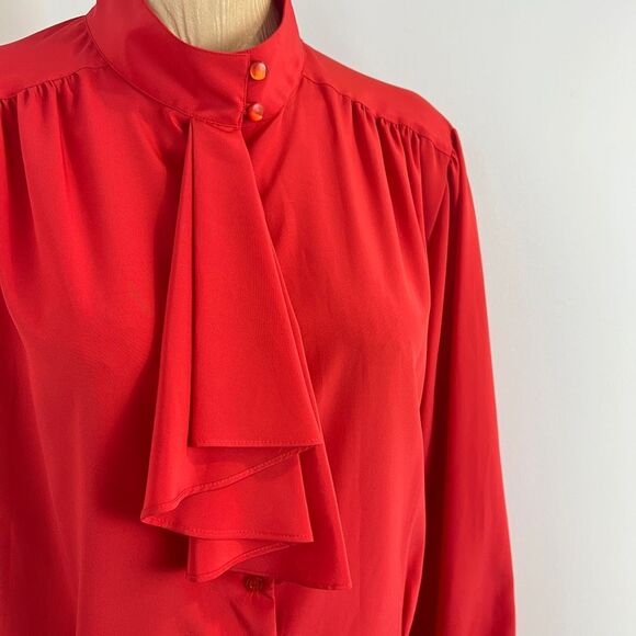 Vintage 80s Elite Women's 18 Red Long Sleeve Regal Ruffled Button Down Shirt Top - Picture 6 of 15